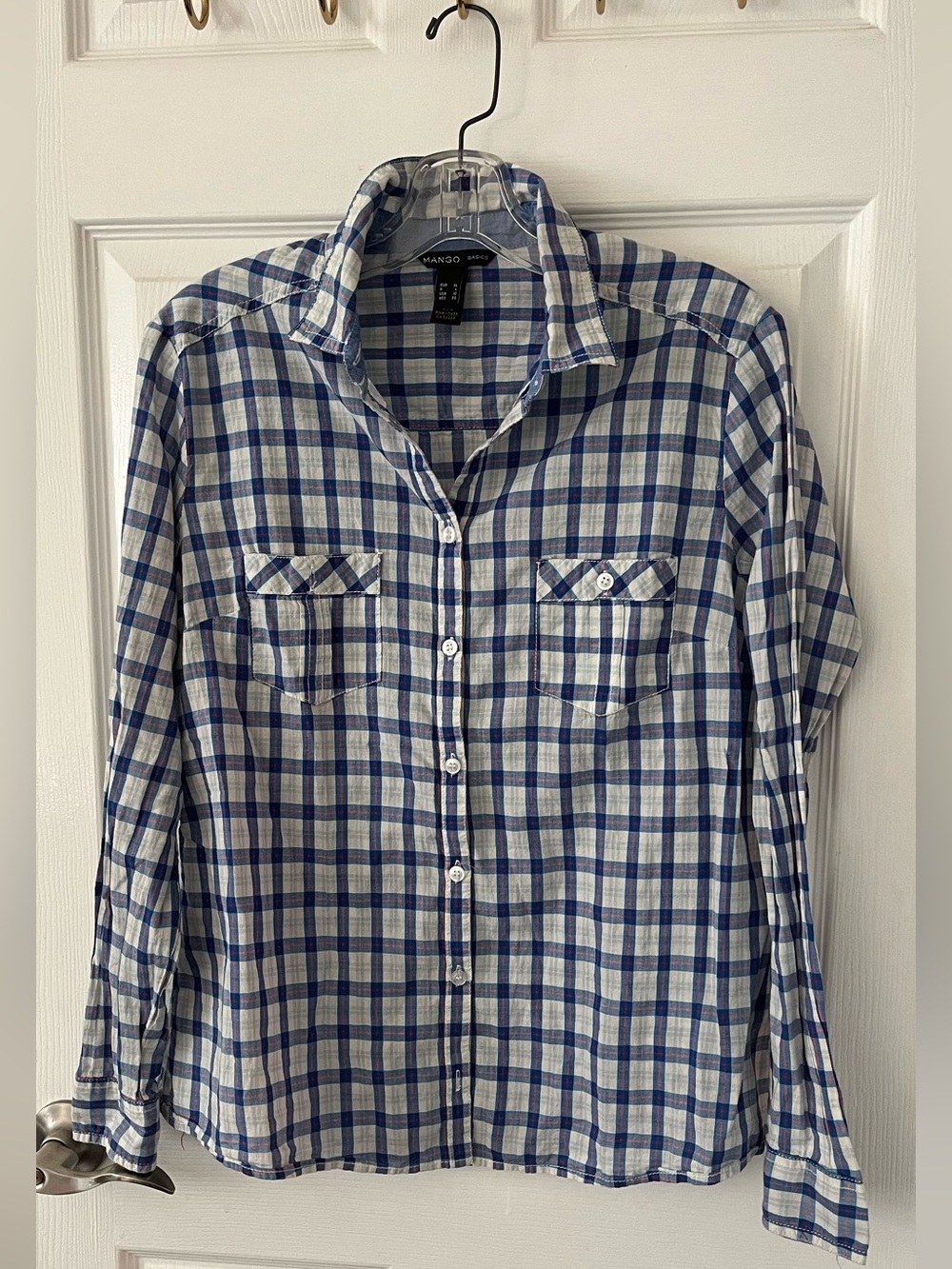 Mango White and Blue Plaid Button-Down Shirt